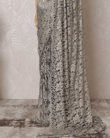 Gold, blue Premium pure French two tone chantilly lace saree having stone work in floral design-D14598 Regal Fabrics