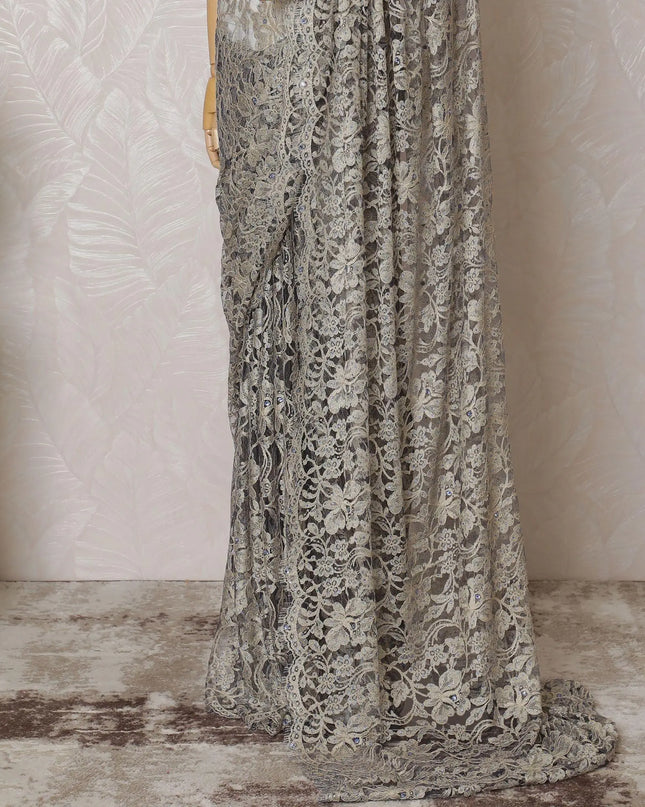 Gold, blue Premium pure French two tone chantilly lace saree having stone work in floral design-D14598 Regal Fabrics