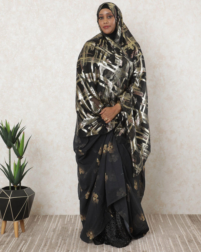 Black Premium pure French (Fransawi) silk chiffon garbasaar with gold metallic lurex in floral design-D11557
