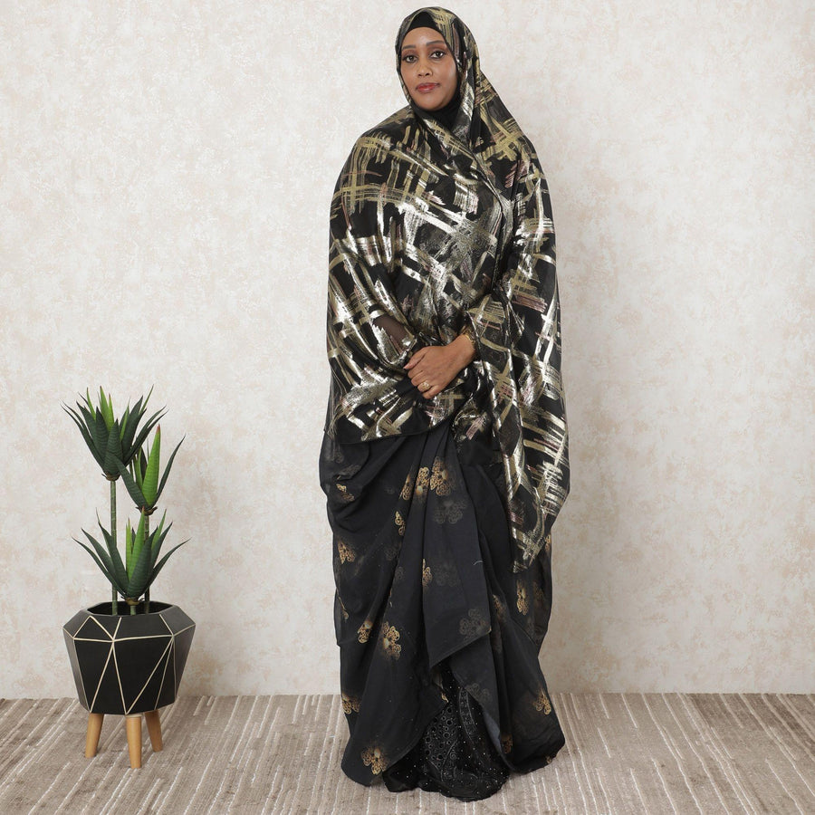 Black Premium pure French (Fransawi) silk chiffon garbasaar with gold metallic lurex in floral design-D11557