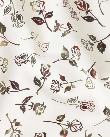 White cotton voile fabric with black and olive green metallic foil print in floral design-D6747 Regal Fabrics