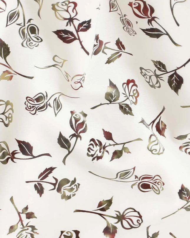 White cotton voile fabric with black and olive green metallic foil print in floral design-D6747 Regal Fabrics
