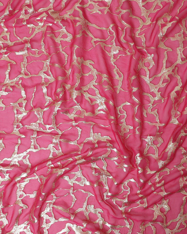 قماش شيفون من الحرير الخالص الفاخر باللون الوردي الأرجواني مع لوريكس معدني ذهبي بتصميم تجريدي -D13192