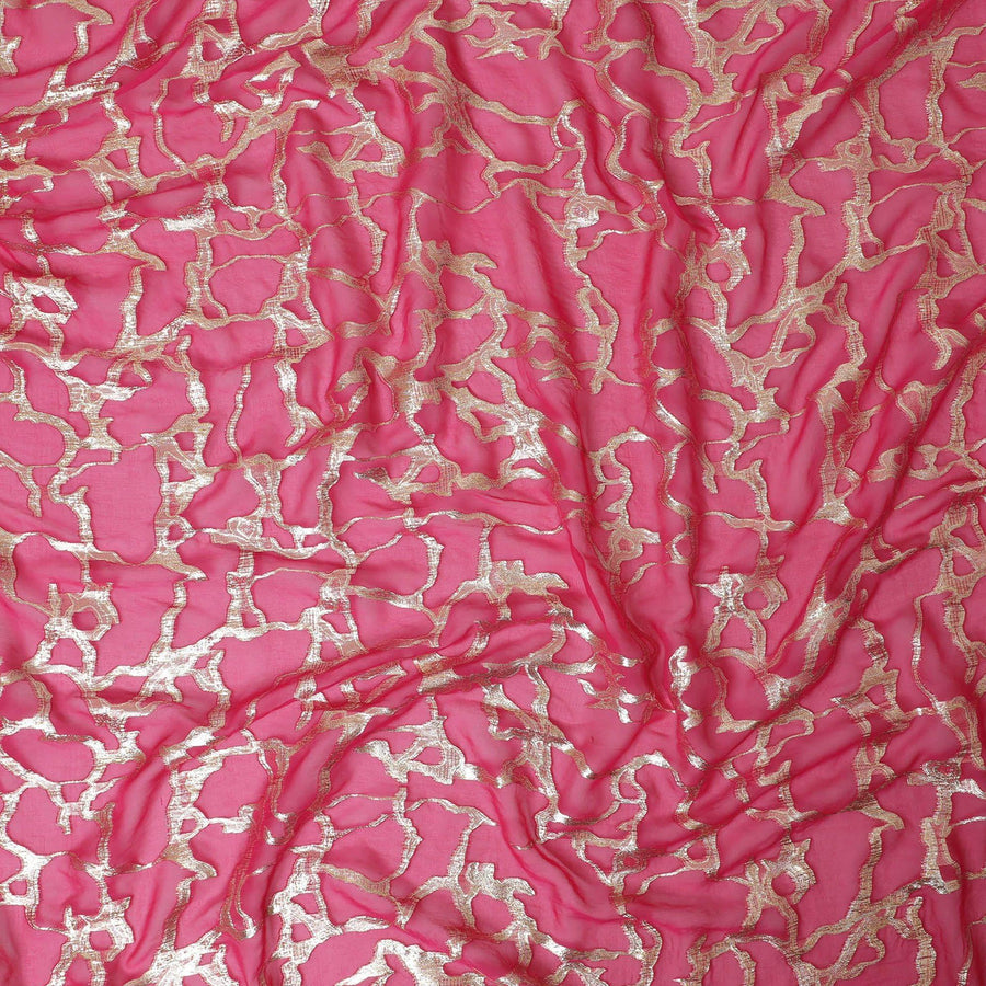 Magenta pink Premium pure silk chiffon fabric with gold metallic lurex in abstract design-D13192