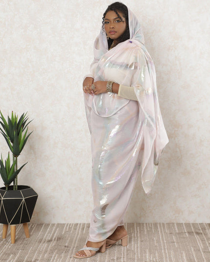 Light pink Premium pure silk chiffon thobe with same tone metallic lurex in fancy design-D11655