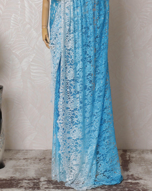 Powder blue to sky blue premium pure French chantilly lace saree having stone work in ombre design-D14900