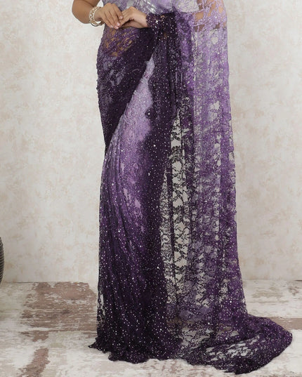 Dark plum to lavender Premium Pure French chnatilly saree lace having stone work in ombre design-D13468 Regal Fabrics