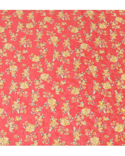 Crimson red uragiri cotton fabric with same tone jacquard having mustard, olive green and black print in floral design-D14321
