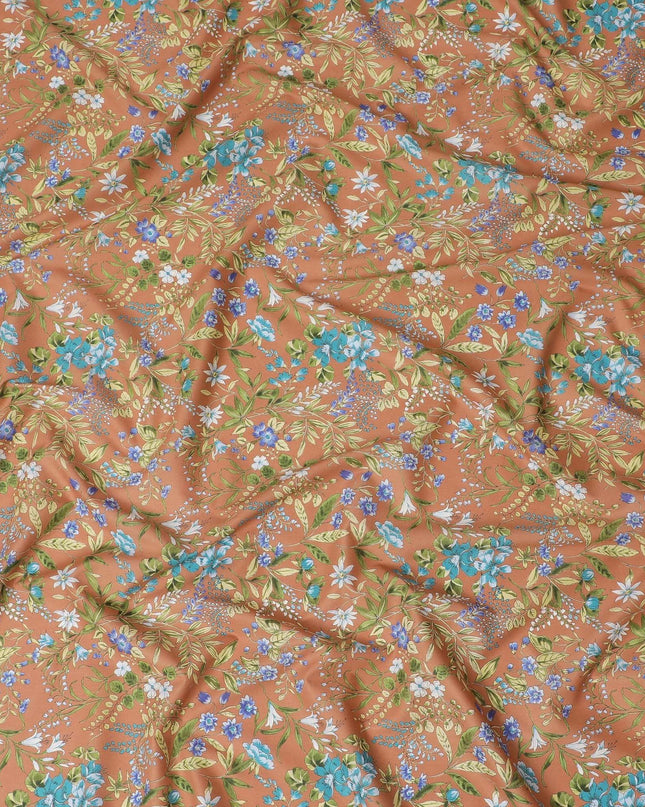 قماش قطني بني نحاسي مع طباعة متعددة الألوان بتصميم زهور-D15220