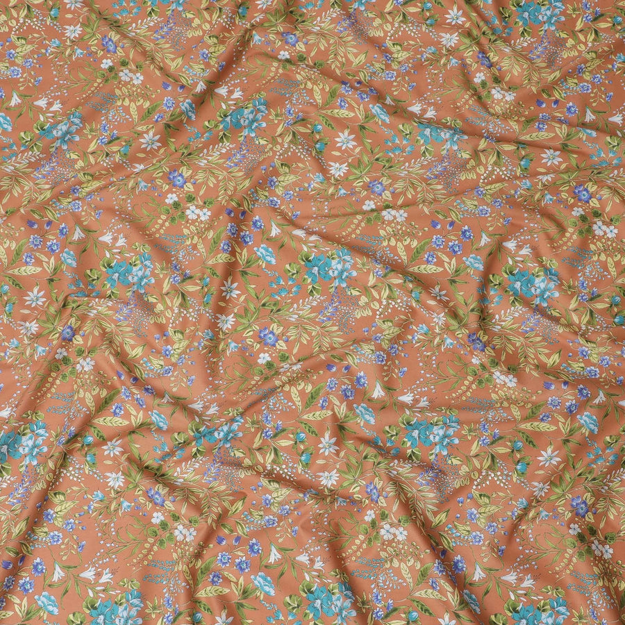 Copper brown cotton lawn fabric with multicolor print in floral design-D15220
