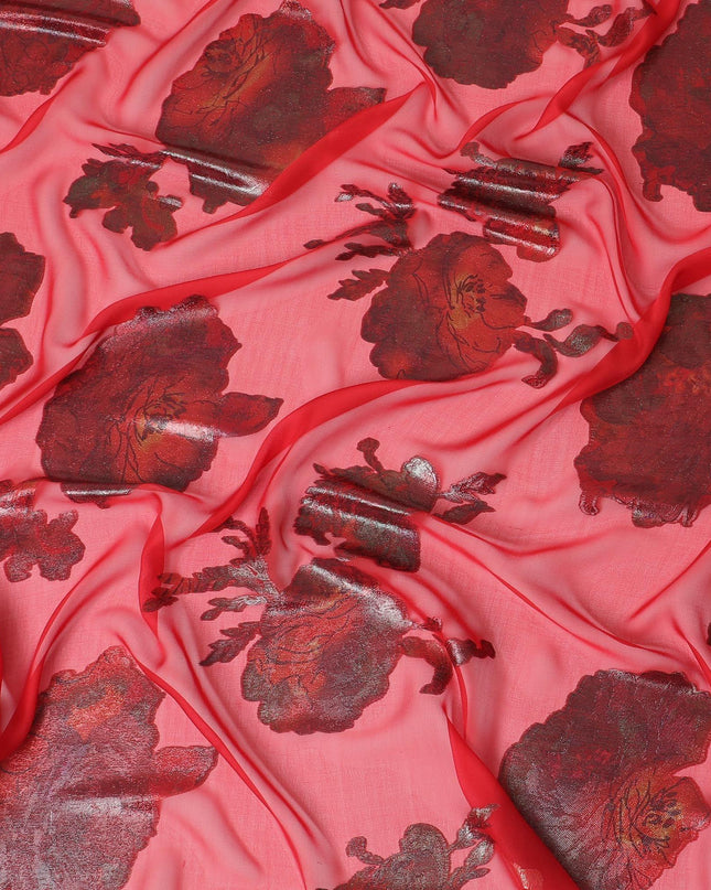 قماش من الشيفون الحريري الخالص الفاخر باللون الأحمر القرمزي مع لوركس معدني متعدد الألوان بتصميم الأزهار -D9700