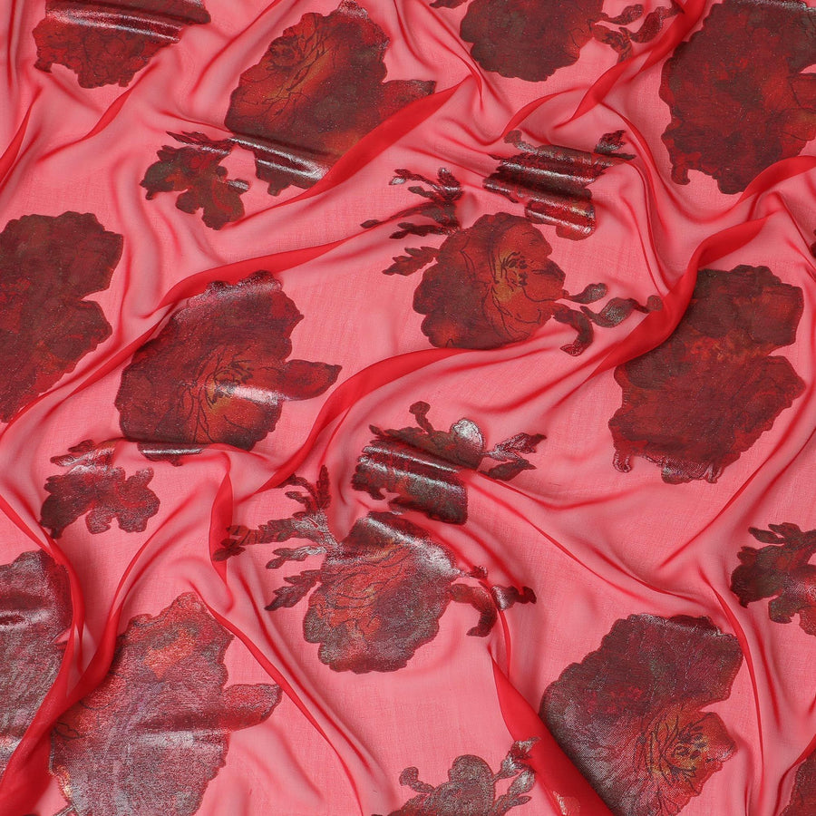 قماش من الشيفون الحريري الخالص الفاخر باللون الأحمر القرمزي مع لوركس معدني متعدد الألوان بتصميم الأزهار -D9700