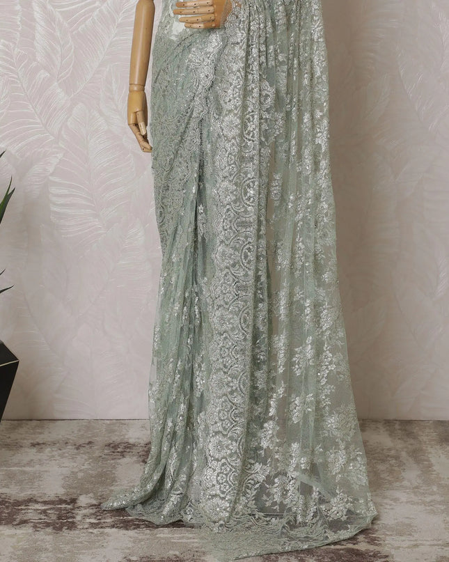 Mint green, silver, copper Premium pure French metallic chantilly lace saree in floral design-D15542 Regal Fabrics