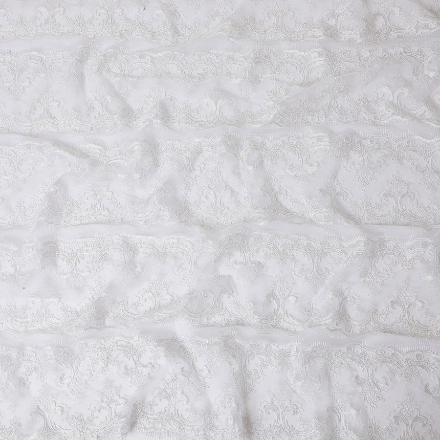 White nylon tulle fabric with same tone embroidery in floral design-D11711