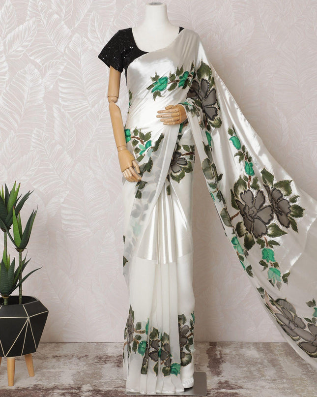 White Premium pure silk chiffon to satin saree having multicolor hand paint and stone work in floral design-D15497