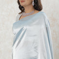 Powder blue plain Premium French lame Saree with silver foil finish-D9565