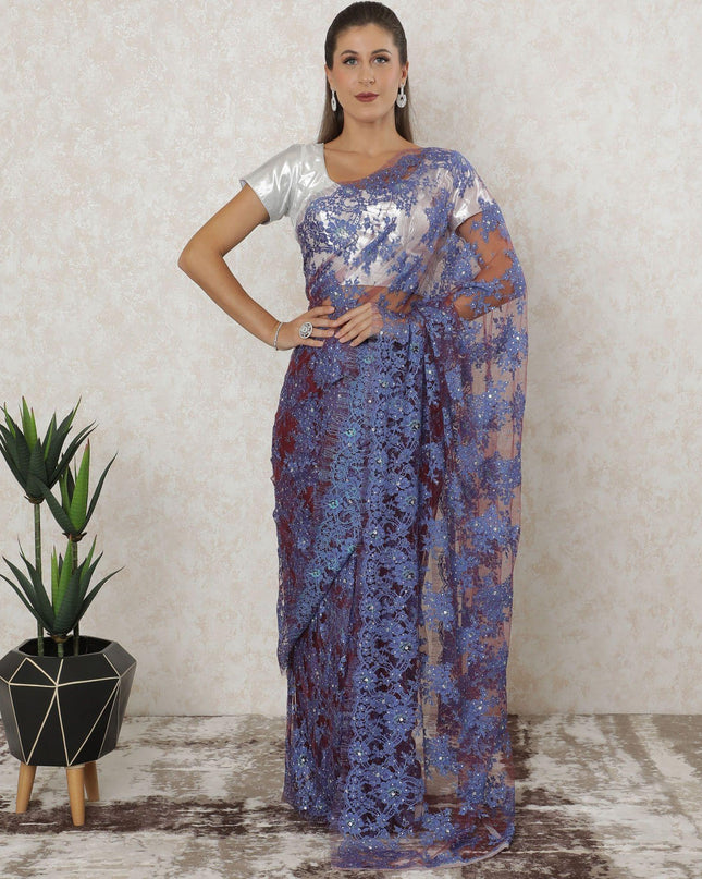 Burgundy, blue premium two tone French chantilly saree lace having stone work in floral design-D12547