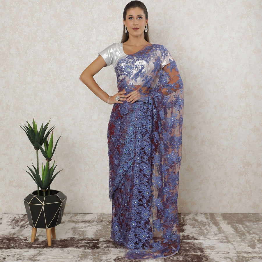 Burgundy, blue premium two tone French chantilly saree lace having stone work in floral design-D12547