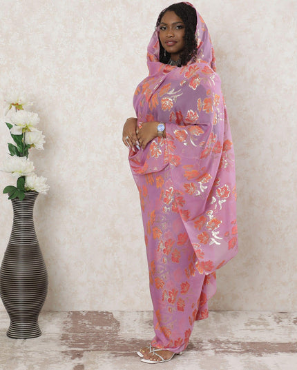 Bick pink Premium pure silk chiffon thobe with orange viscose and gold metallic lurex in floral design-D14352
