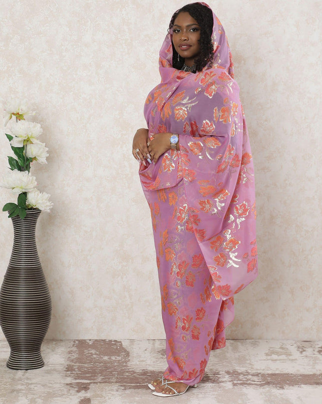 Bick pink Premium pure silk chiffon thobe with orange viscose and gold metallic lurex in floral design-D14352