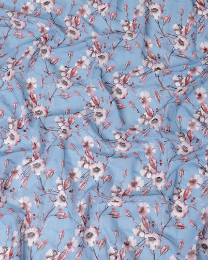 Steel blue cotton voile fabric with cerise pink, off white and black print in floral design-D10751 Regal Fabrics