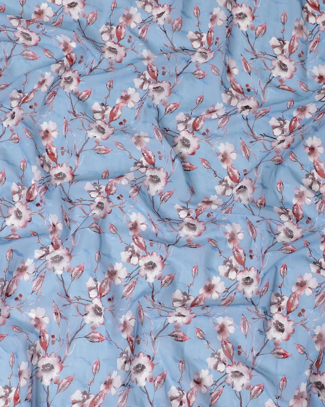 Steel blue cotton voile fabric with cerise pink, off white and black print in floral design-D10751 Regal Fabrics