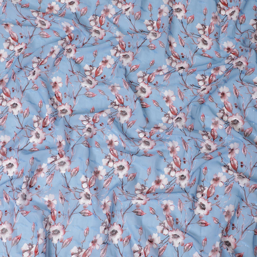 Steel blue cotton voile fabric with cerise pink, off white and black print in floral design-D10751 Regal Fabrics