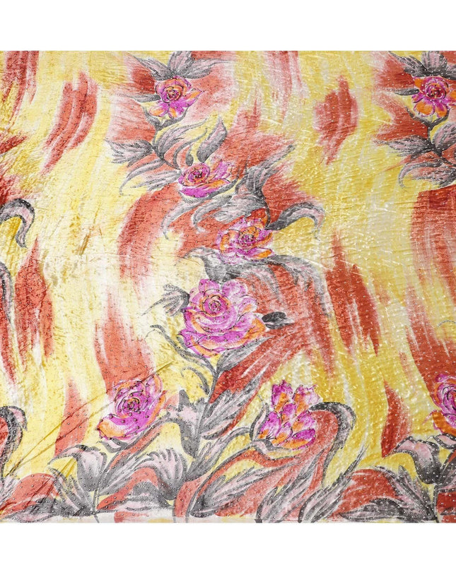 قماش رايون مخملي أصفر اللون مع طبعات متعددة الألوان وأحجار خضراء ومسامير فضية بتصميم زهور