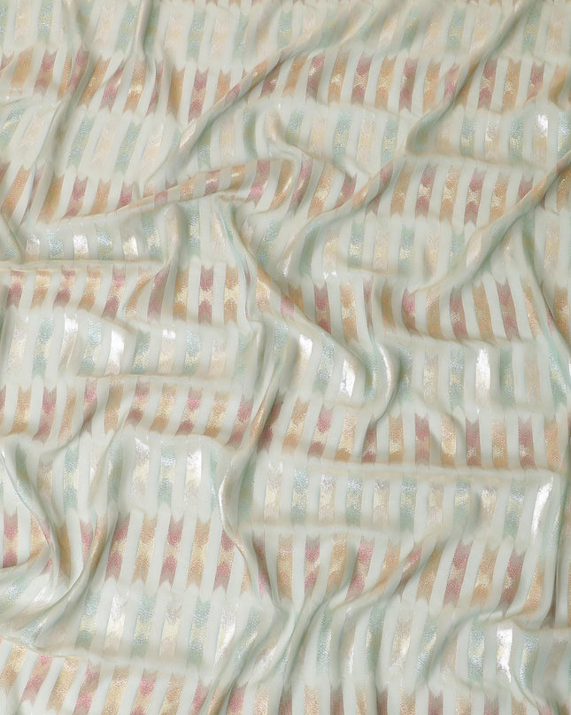 قماش شيفون من الحرير الخالص الفاخر باللون الأخضر الغار مع لوريكس معدني متعدد الألوان بتصميم تجريدي-D10041