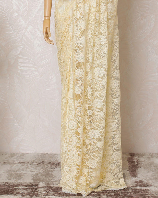 Light gold Premium pure French chantilly lace saree in floral design-D14561