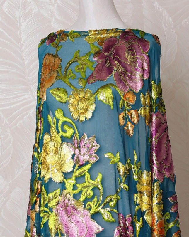 Teal blue, multicolor Premium pure silk blended velvet makmal dirac fabric with gold metallic lurex in floral design-D14870
