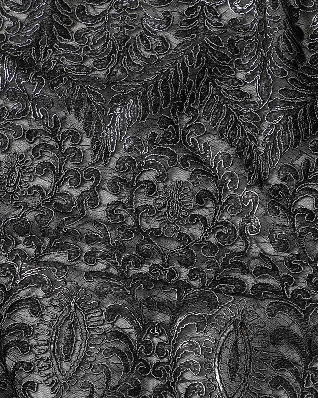 Black nylon tulle fabric with same tone, silver embroidery in fancy design-D6022