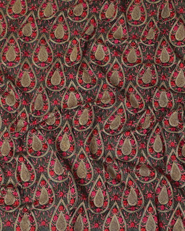 Black synthetic chiffon fabric with multicolor embroidery in fancy design-D12495