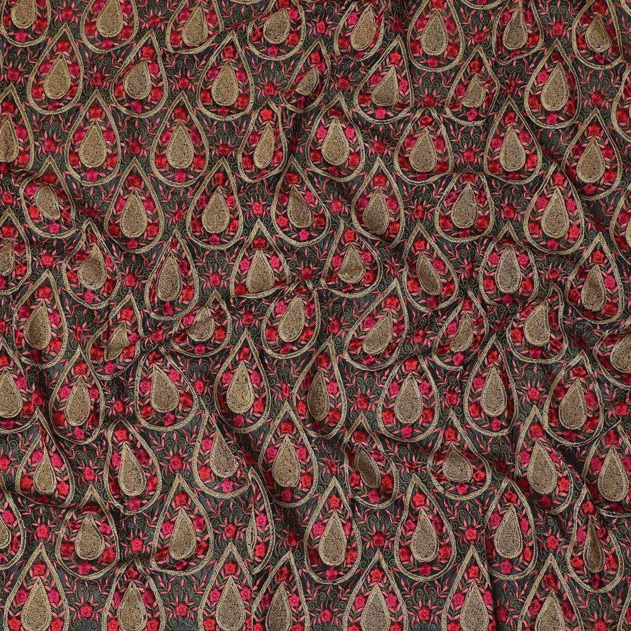 Black synthetic chiffon fabric with multicolor embroidery in fancy design-D12495