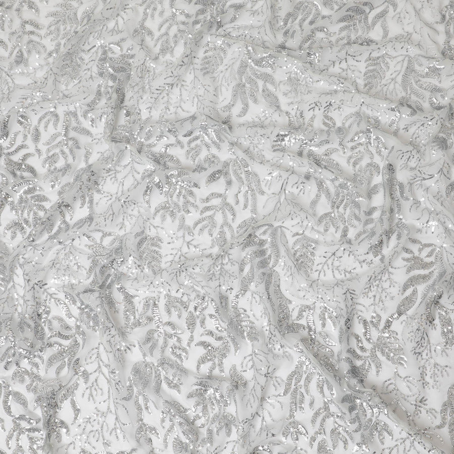 Pearl grey premium pure silk chiffon fabric with same tone sequins embroidery in floral design-D13627