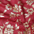 Barn red synthetic georgette fabric with same tone embroidery, gold sequins having gold foil print in floral design-D12230