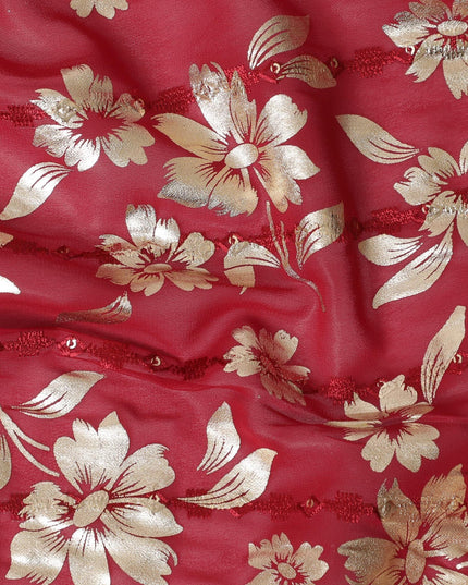 Barn red synthetic georgette fabric with same tone embroidery, gold sequins having gold foil print in floral design-D12230