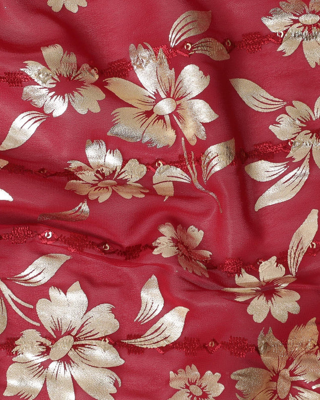 Barn red synthetic georgette fabric with same tone embroidery, gold sequins having gold foil print in floral design-D12230