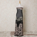 Black nylon tulle fabric with gold, light peach embroidery having stone work in abstract design-D14101