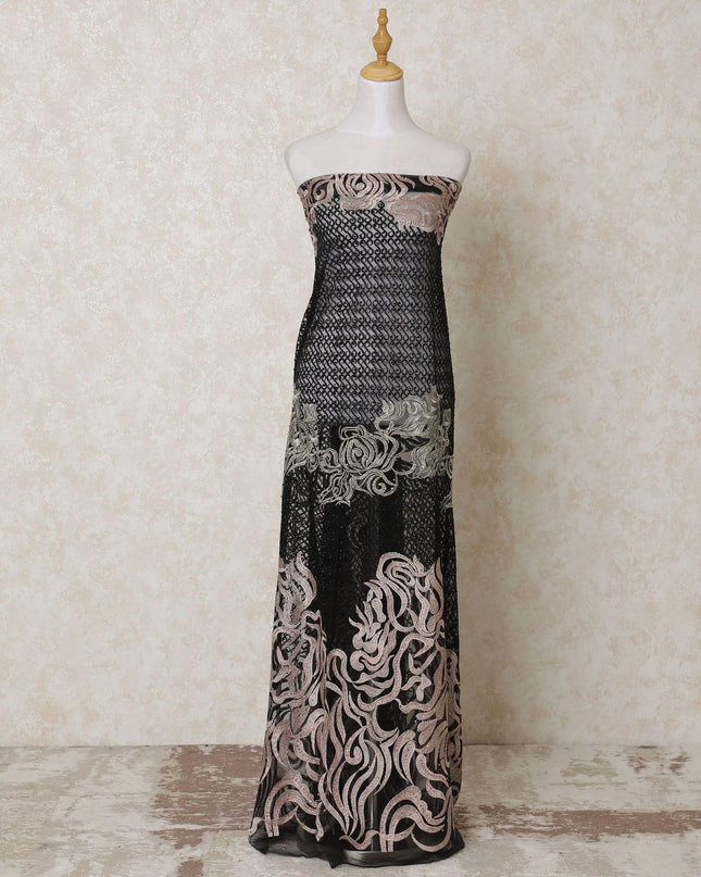 Black nylon tulle fabric with gold, light peach embroidery having stone work in abstract design-D14101
