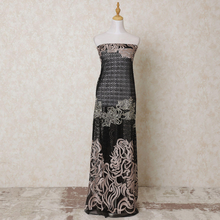 Black nylon tulle fabric with gold, light peach embroidery having stone work in abstract design-D14101
