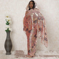 Flamingo pink Premium pure French (Fransawi) silk chiffon thobe with black viscose and gold metallic lurex in floral design-D14375 Regal Fabrics