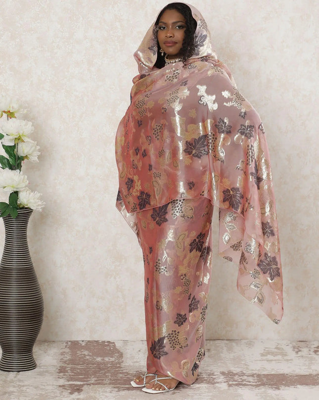 Flamingo pink Premium pure French (Fransawi) silk chiffon thobe with black viscose and gold metallic lurex in floral design-D14375 Regal Fabrics