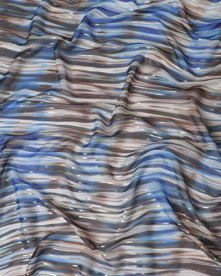 Grey premium pure silk chiffon fabric with blue print having gold and silver metallic lurex in stripe design-D13978