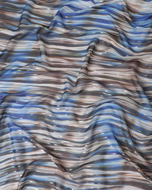 Grey premium pure silk chiffon fabric with blue print having gold and silver metallic lurex in stripe design-D13978