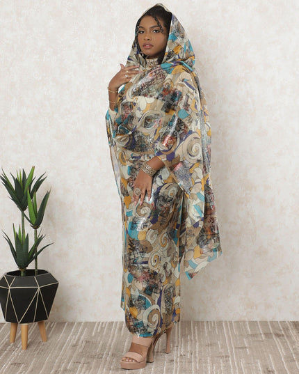 ثوب شيفون حرير خالص فاخر باللون البيج اللاتيه مع لوريكس معدني متعدد الألوان بتصميم تجريدي-D11643