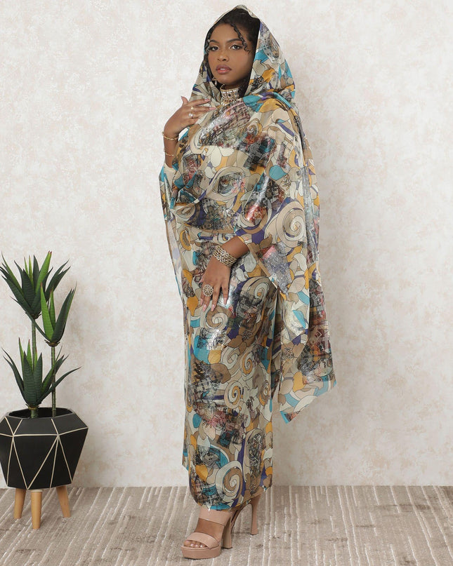 ثوب شيفون حرير خالص فاخر باللون البيج اللاتيه مع لوريكس معدني متعدد الألوان بتصميم تجريدي-D11643