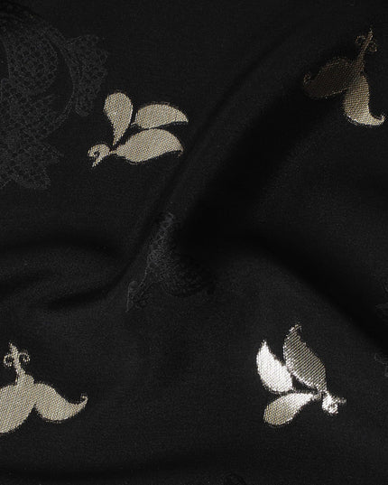 Black Premium pure silk crepe fabric with same tone jacquard having gold metallic lurex weave in floral design-D14638