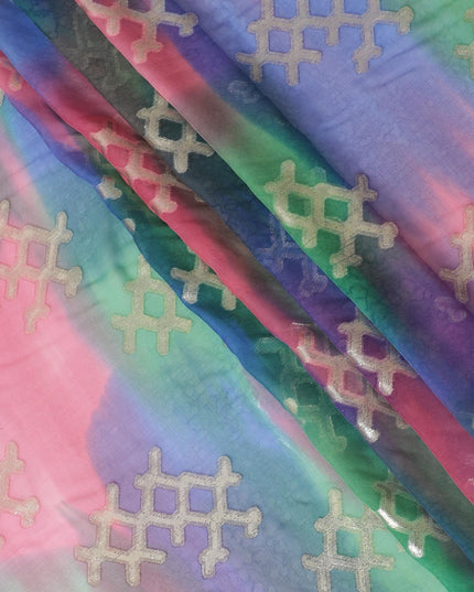 قماش شيفون من الحرير الخالص متعدد الألوان مع لوريكس معدني ذهبي بتصميم تجريدي-D10028