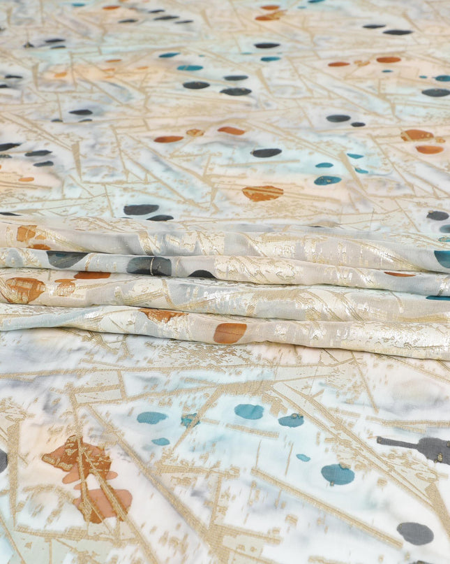 قماش شيفون حريري خالص مطبوع يدويًا متعدد الألوان مع لوركس معدني ذهبي بتصميم زهور-D9415